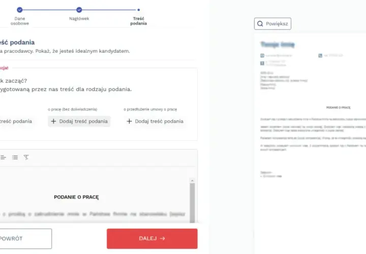 Jak napisać podanie o pracę? System podpowiada gotowe teksty, aby ułatwić Ci stworzenie idealnego dokumentu. Wybierz szablon i uzupełnij dane.
