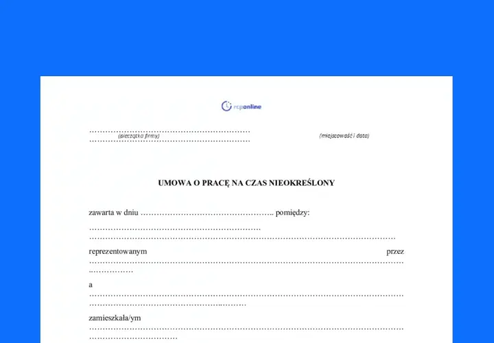 Formularz umowy o pracę na czas nieokreślony. Dokument zawiera pola na dane pracodawcy i pracownika, datę zawarcia umowy oraz inne istotne informacje dotyczące różnych rodzaje umów o pracę.