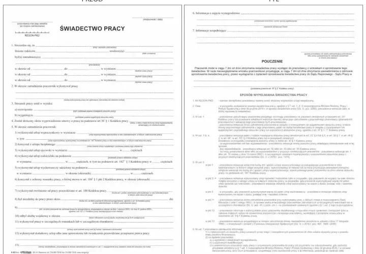 Świadectwo pracy z polami do wypełnienia.
