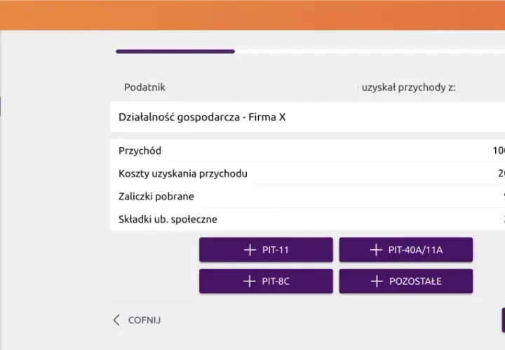 Podatnik wykazał przychód 100 000 zł, koszty uzyskania przychodu 20 000 zł, zaliczki pobrane 9 803 zł i składki społeczne 2 997,16 zł.