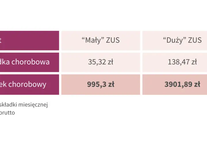 Tabela porównuje koszty składek i zasiłków ZUS. Dane mogą być pomocne przy analizie wpływu stopy bezrobocia w Polsce na finanse przedsiębiorców.