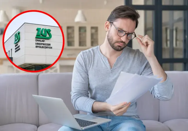 Mężczyzna analizuje dokumenty przy laptopie, w tle widoczny budynek ZUS. Może to dotyczyć stażu pracy ZUS.