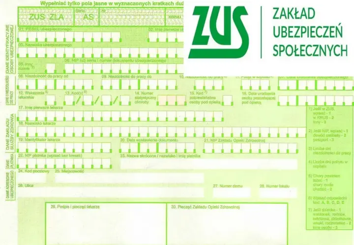 Formularz ZUS ZLA, dokumentujący niezdolność do pracy. Określa, ile można być na L4, dane ubezpieczonego, lekarza i płatnika.