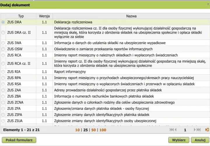 Wybieranie dokumentu ZUS RCA, imienny raport miesięczny o należnych składkach i wypłaconych świadczeniach.