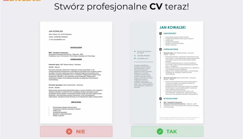 Dwa profesjonalne szablony CV z danymi kontaktowymi, wykształceniem i doświadczeniem zawodowym.