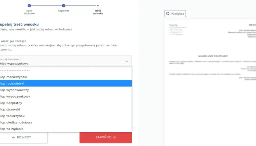 Formularz wniosku o urlop z rozwijaną listą rodzajów urlopów, gdzie zaznaczony jest "Urlop rodzicielski".