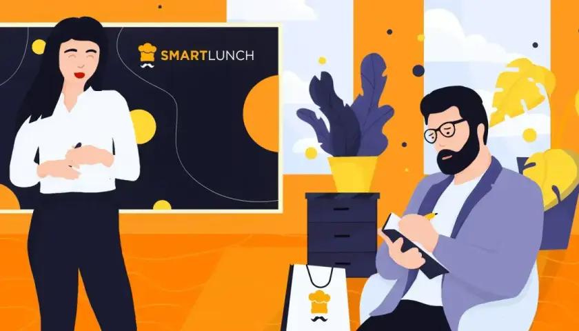 Kobieta prowadzi instruktaż, mężczyzna notuje. Na tablicy logo SMARTLUNCH.