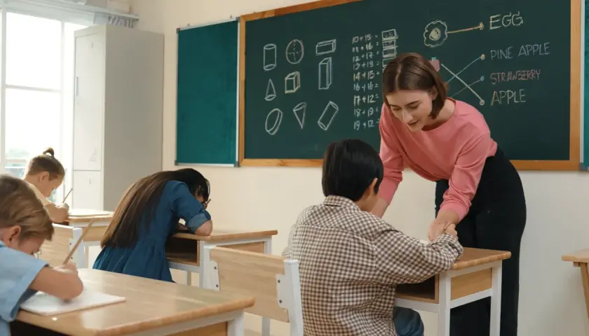 Nauczycielka pomaga uczniowi przy biurku, gdy jest wystawienie ocen. Na tablicy matematyka i owoce.