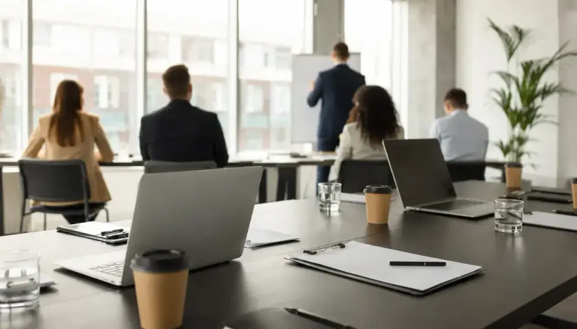 Uczestnicy spotkania w sali konferencyjnej, przygotowującej się do sesji assessment center.
