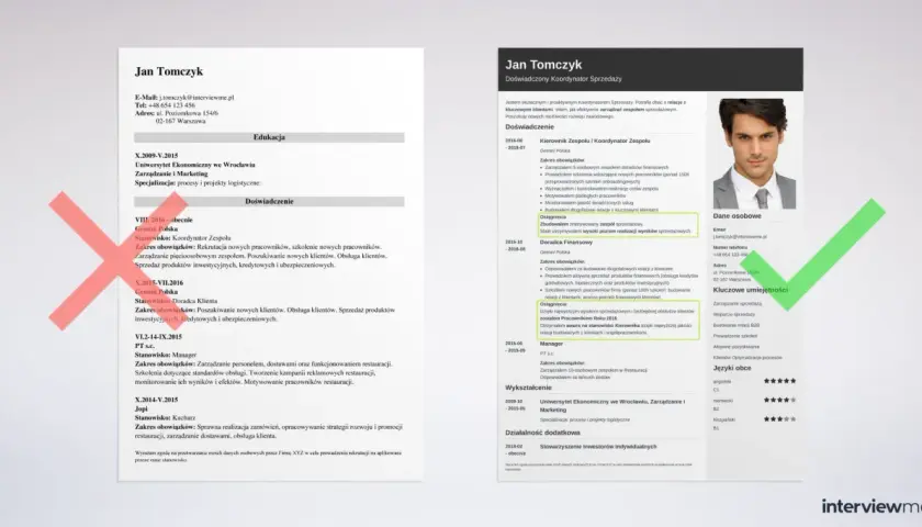 CV Jana Tomczyka z jego zdjęciem, danymi kontaktowymi i podsumowaniem doświadczenia.