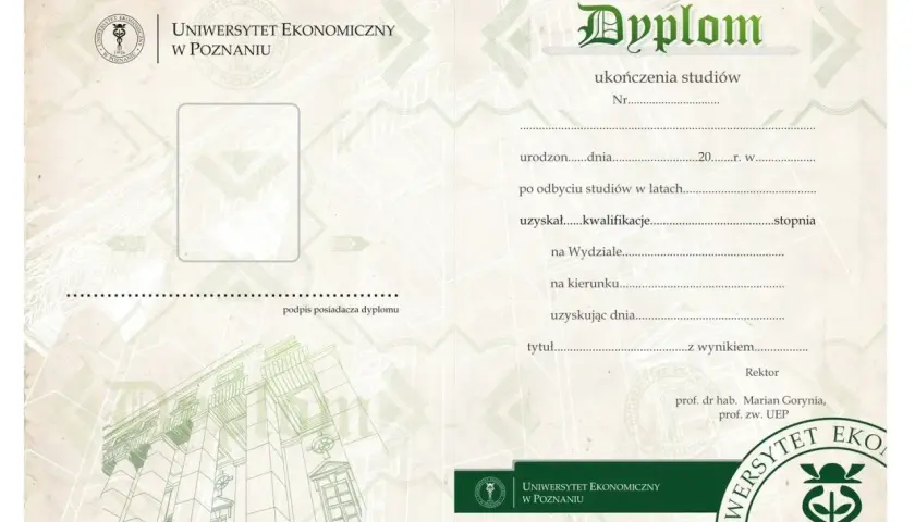 Dyplom ukończenia studiów Uniwersytetu Ekonomicznego w Poznaniu z miejscem na zdjęcie i podpis.