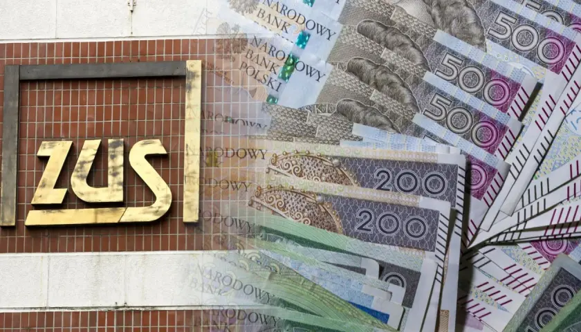 ZUS co to? Złote banknoty 500 i 200 zł leżą obok logo ZUS.