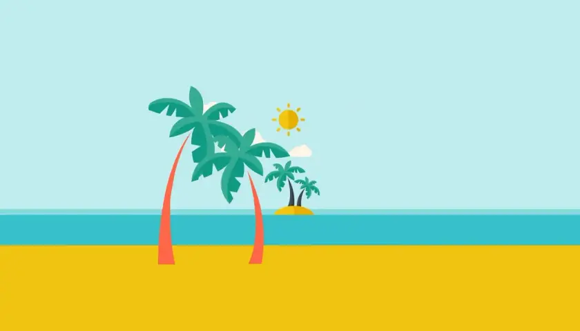 Ilustracja plaży z palmami, słońcem i morzem.