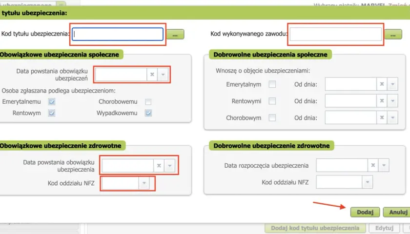 Formularz do wpisania kodu tytułu ubezpieczenia, dat i rodzajów ubezpieczeń. ZUS ZUA to formularz zgłoszeniowy do ubezpieczeń społecznych.