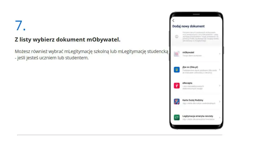 Wybierz z listy dokument mObywatel lub legitymacja emeryta-rencisty.