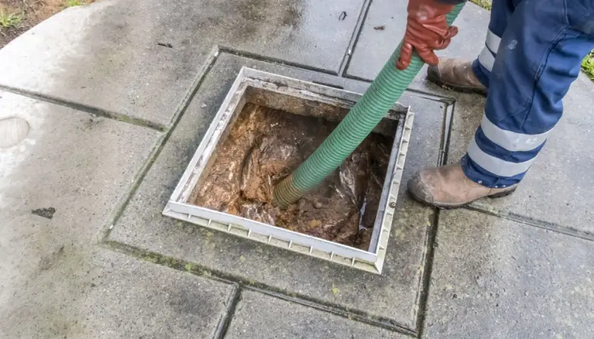 Szambonurek w rękawicach i niebieskich spodniach z odblaskami używa zielonego węża do opróżniania szamba.
