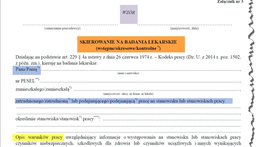 Skierowanie na badania lekarskie pracownika, zawierające dane osobowe, stanowisko pracy i opis warunków pracy.