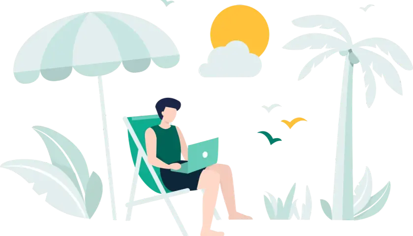 Mężczyzna pracuje na laptopie pod parasolem plażowym, marząc o wakacjach od ZUS 2026. Palmy i słońce dopełniają obraz.
