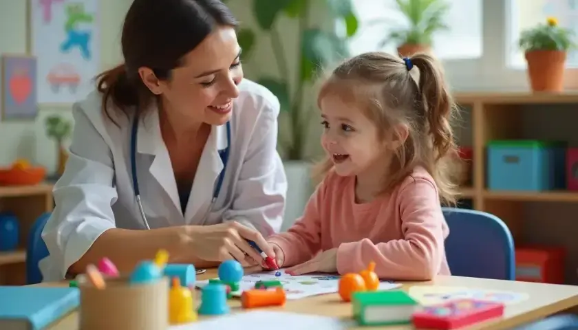 Uśmiechnięta pedagog prowadzi terapię z dzieckiem, wspólnie rysują i bawią się kolorowymi zabawkami.