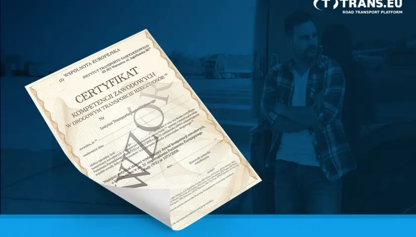 Certyfikat kompetencji zawodowych w drogowym transporcie rzeczy, potwierdzający kwalifikacje kierowcy.