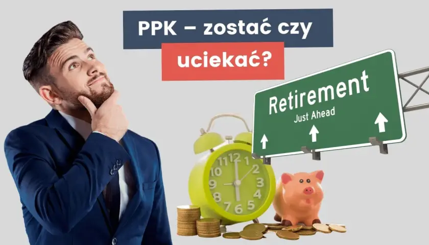 Mężczyzna w garniturze zastanawia się nad zegarem, skarbonką i znakiem "Retirement".