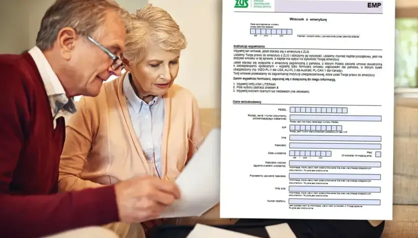 Starsze małżeństwo przegląda dokumenty ZUS dotyczące wniosku o emeryturę.