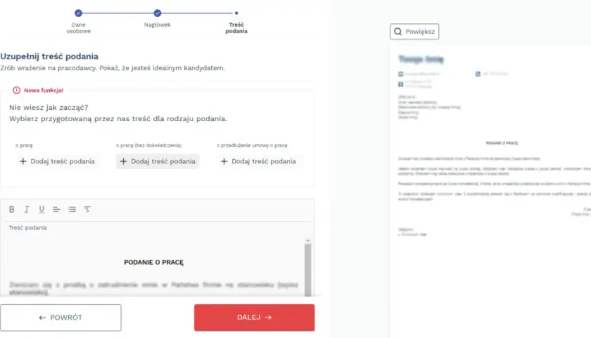 Jak napisać podanie o pracę? System podpowiada gotowe teksty, aby ułatwić Ci stworzenie idealnego dokumentu. Wybierz szablon i uzupełnij dane.