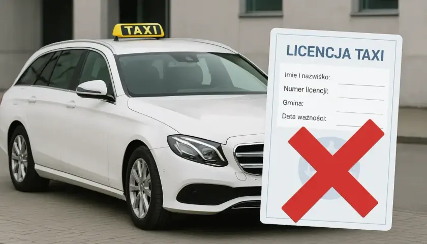 Biały samochód taxi z żółtym kogutem. Obok dokument z napisem "LICENCJA TAXI" i przekreślonym czerwonym krzyżem.