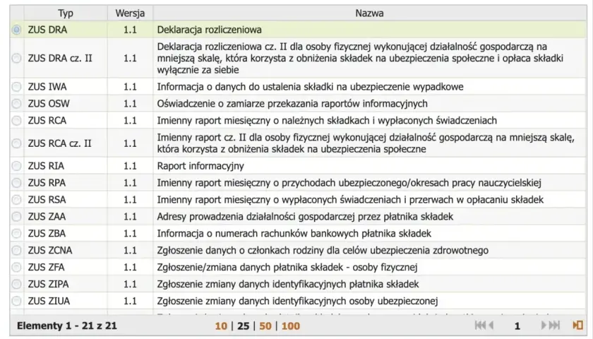 Wybieranie dokumentu ZUS RCA, imienny raport miesięczny o należnych składkach i wypłaconych świadczeniach.