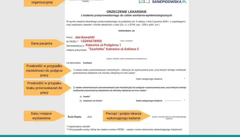 Orzeczenie lekarskie dla Jana Kowalskiego, kucharza. Ważność książeczki sanepidowskiej zależy od daty następnego badania.