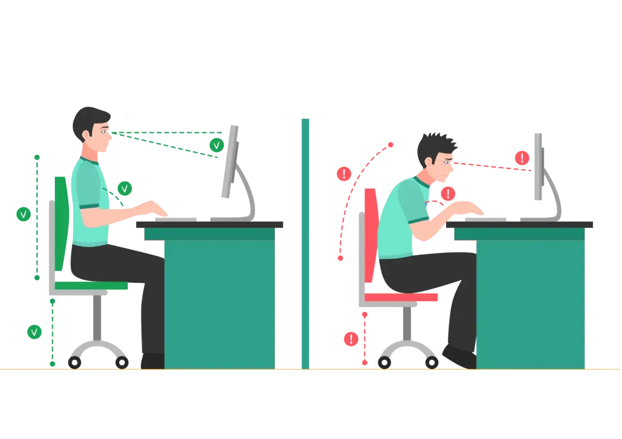 Prawidłowa postawa przy biurku vs. zgarbiona. Dbaj o ergonomię, by uniknąć bólu pleców i oczu.