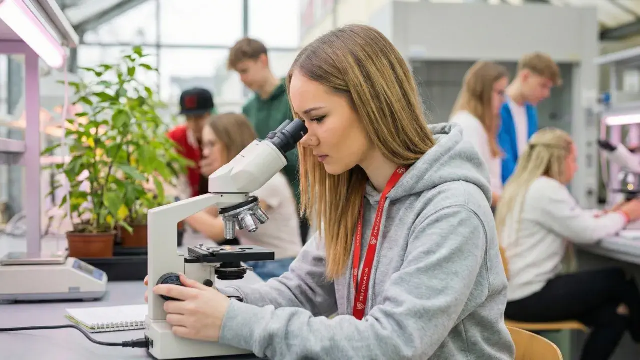 Młoda technik ochrony środowiska bada próbki pod mikroskopem w laboratorium.