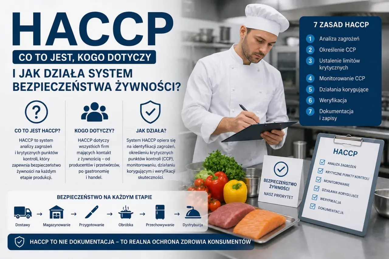 Szef kuchni notuje szczegóły systemu HACCP, kluczowego dla bezpieczeństwa żywności. Grafika wyjaśnia zasady i etapy jego wdrażania.