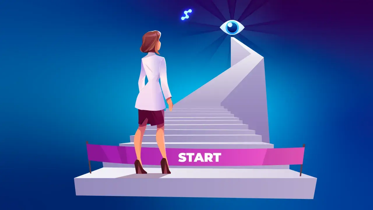 Kobieta w białej marynarce stoi przed schodami z napisem "START". To symboliczny początek drogi do sukcesu, jak podczas egzaminu na technika administracji.