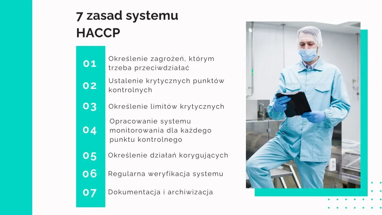 Pracownik w czystym pomieszczeniu analizuje zasady HACCP, systemu zapewniającego bezpieczeństwo żywności.