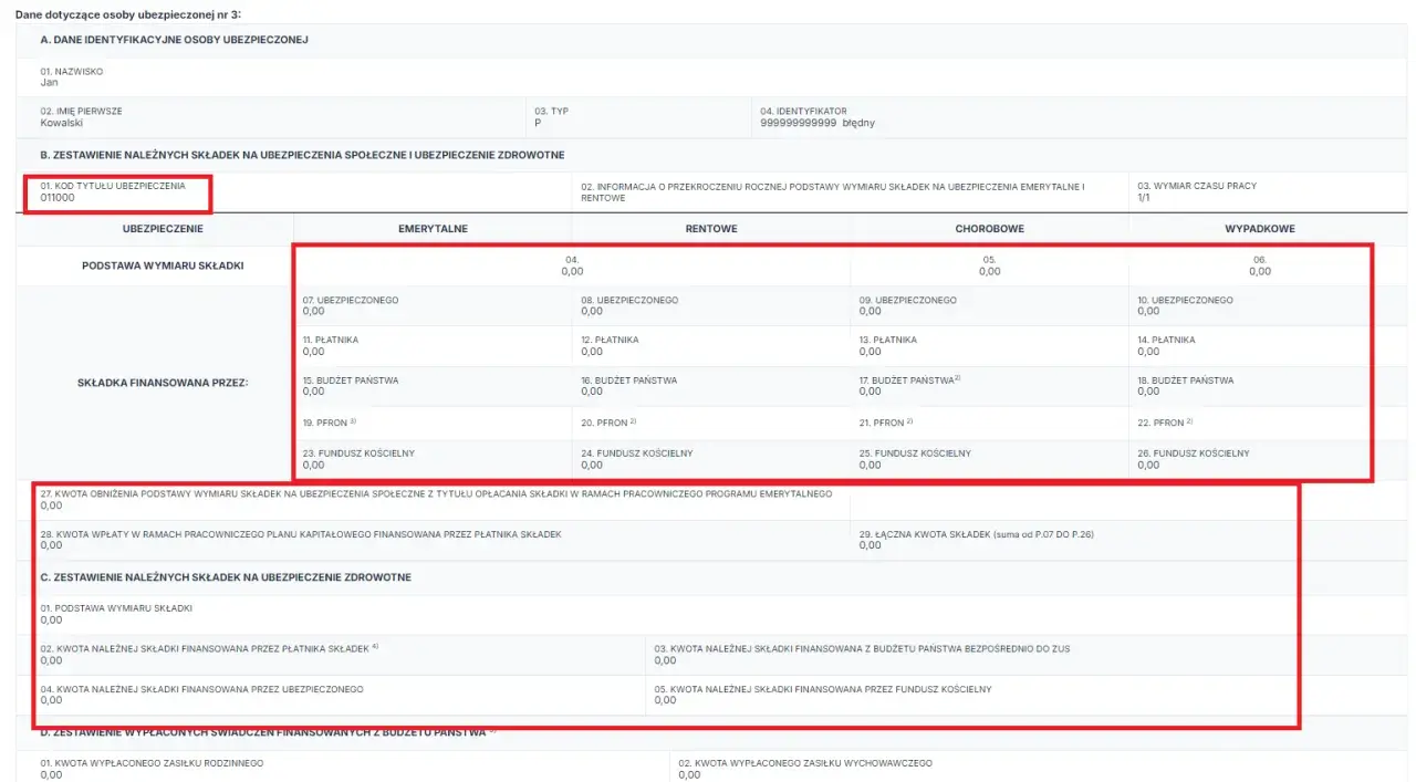 Zestawienie składek na ubezpieczenie wypadkowe: podstawa wymiaru, składka finansowana przez ubezpieczonego, płatnika, budżet państwa, PFRON, fundusz kościelny.