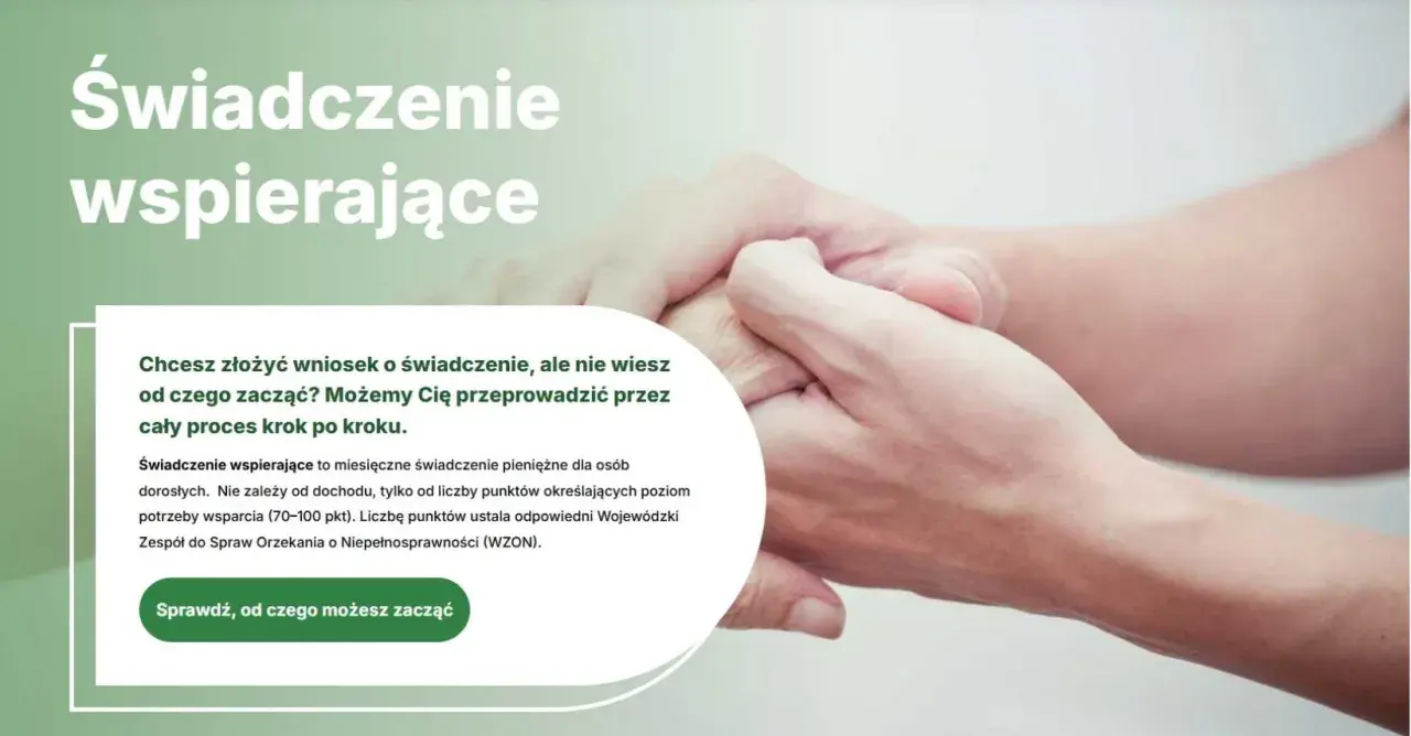 Chcesz złożyć wniosek o świadczenie wspierające? Dowiedz się, jak zacząć. Obrazek przedstawia dłonie, symbolizujące wsparcie.