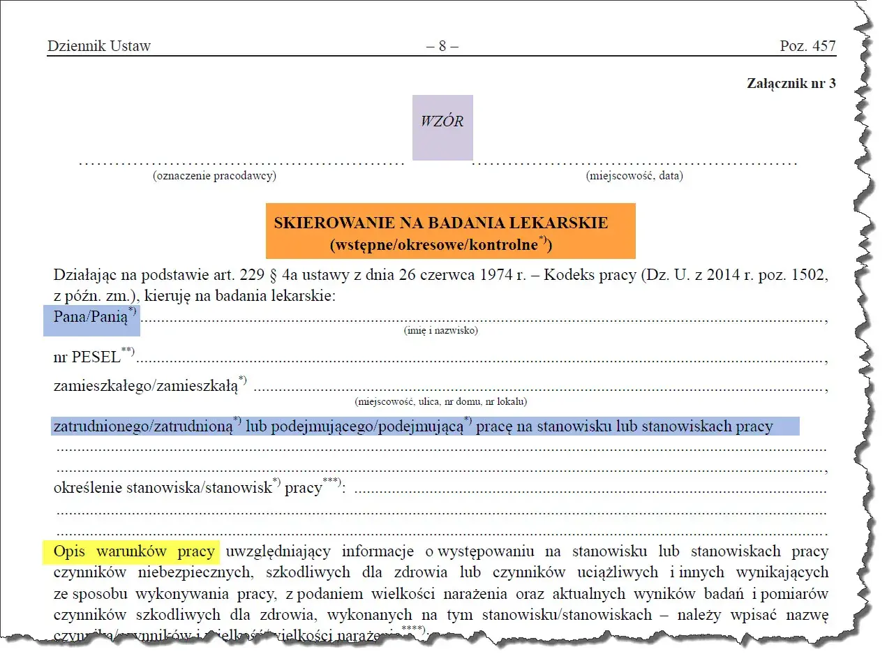 Skierowanie na badania lekarskie pracownika, zawierające dane osobowe, stanowisko pracy i opis warunków pracy.