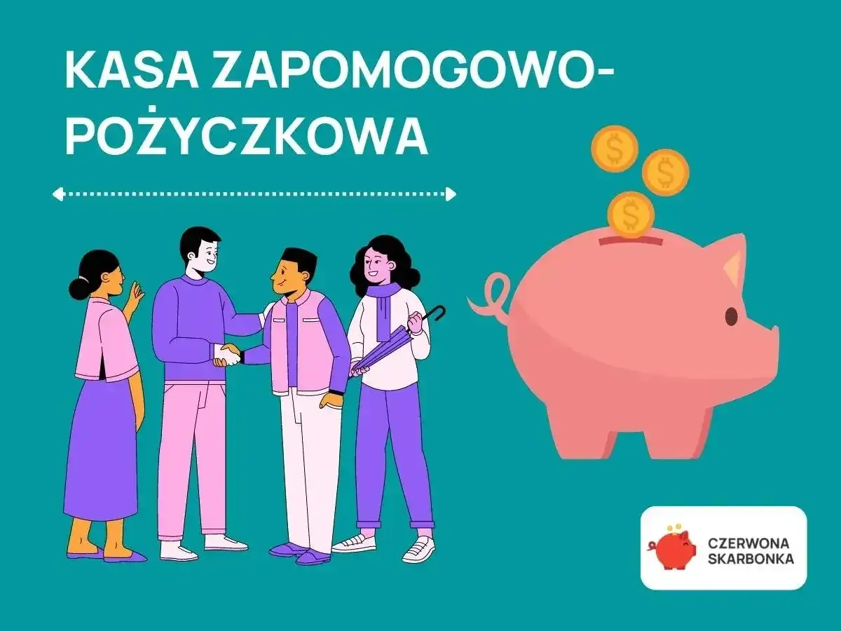 Ludzie współpracują, by zasilić kasę zapomogowo-pożyczkową. Różowa świnka-skarbonka z monetami symbolizuje oszczędności.