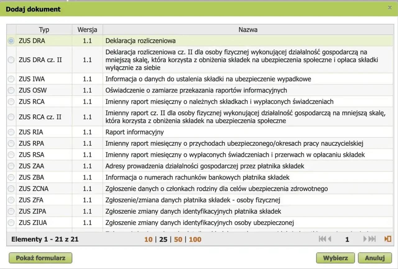 Wybieranie dokumentu ZUS RCA, imienny raport miesięczny o należnych składkach i wypłaconych świadczeniach.