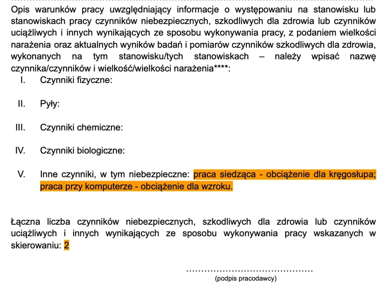 Formularz skierowania na badania lekarskie, wymieniający czynniki szkodliwe w pracy, np. praca przy komputerze.
