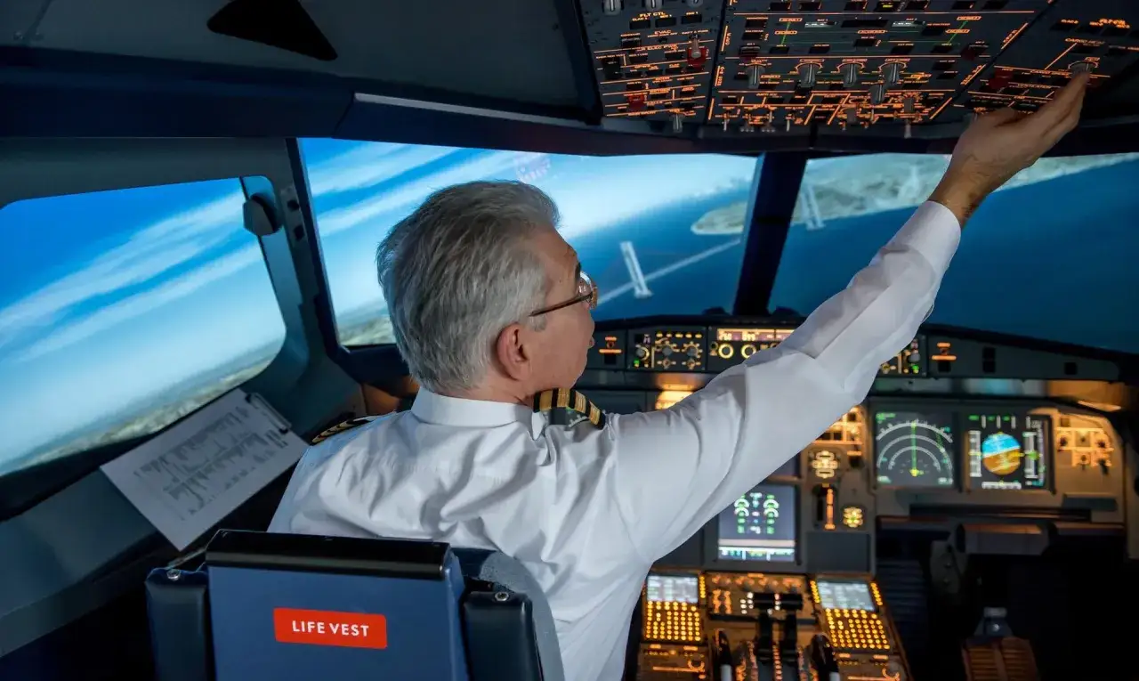 Doświadczony pilot samolotu w białej koszuli z galonami, obsługuje panel sterowania w kabinie.