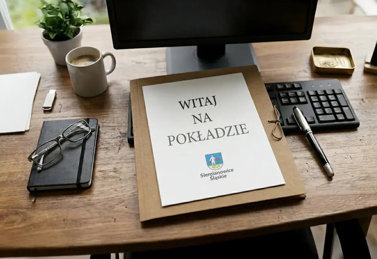 Urzędnik przygotowuje dokumenty na biurku. Na blacie leżą notatnik, okulary, pendrive, kubek kawy, klawiatura i długopis.