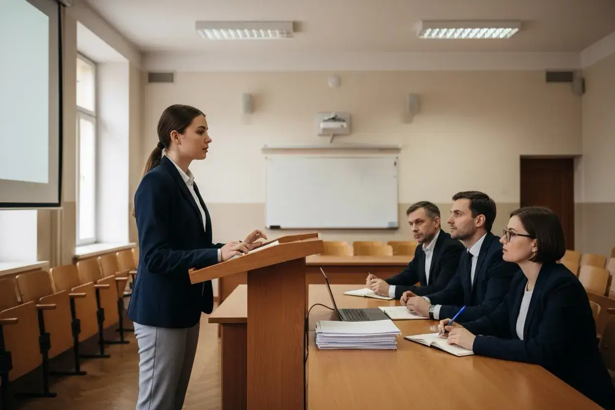 Studentka prezentuje swoją pracę licencjacką przed komisją.
