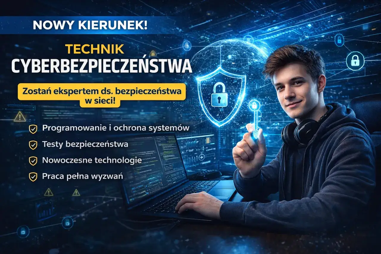 Młody człowiek przygotowuje się do egzaminu na technika cyberbezpieczeństwa, trzymając klucz do sieci.