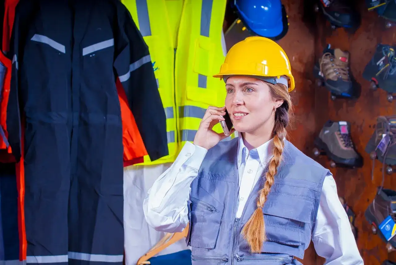 Kobieta w żółtym kasku i kamizelce, rozmawiająca przez telefon. Za nią wiszą kombinezony i kamizelki odblaskowe. Ona odpowiada za stan bezpieczeństwa i higieny pracy w zakładzie.