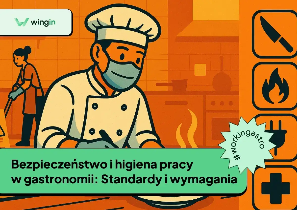 Szef kuchni w masce i pracownica sprzątająca w kuchni. Grafika ilustruje bezpieczeństwo i higienę pracy w gastronomii, wyjaśniając haccp co to jest.