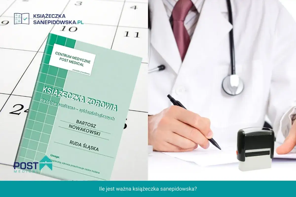 Zielona książeczka zdrowia z danymi Bartosza Nowakowskiego, Ruda Śląska. Obok lekarz w białym kitlu z pieczątką, gotowy do pracy. To ważna książeczka sanepidowska.
