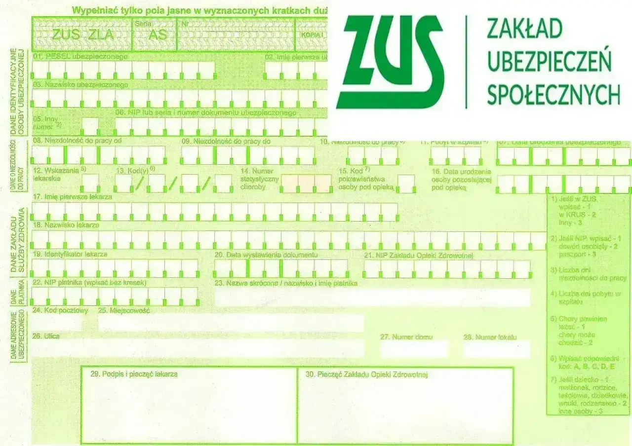 Formularz ZUS ZLA do wypełnienia, gdy ZUS wypłaca L4. Dokument zawiera dane ubezpieczonego, lekarza i płatnika.