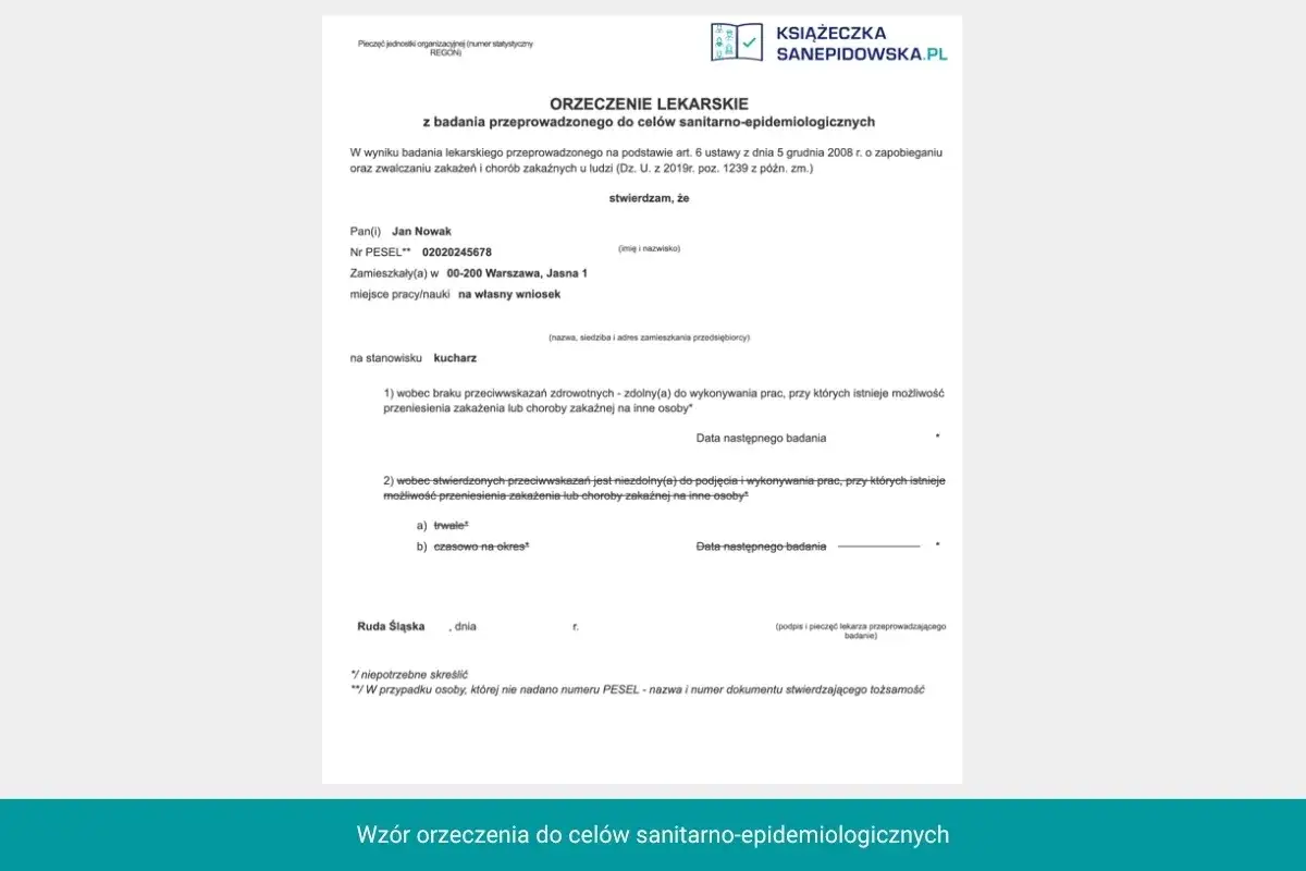 Orzeczenie lekarskie dla kucharza Jana Nowaka, potwierdzające brak przeciwwskazań do pracy, wydane do celów sanitarno-epidemiologicznych.